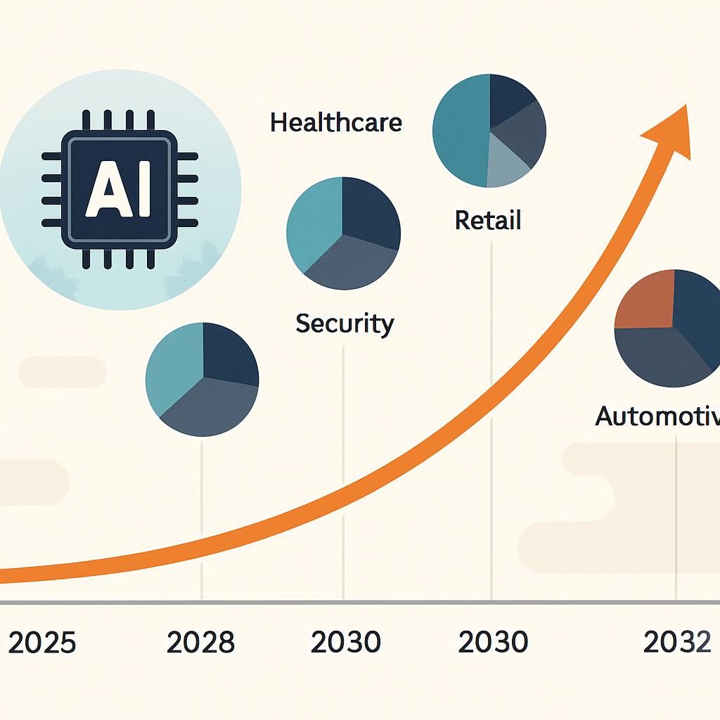 nfographic depicting AI market growth curve from 2025 to 2032, with key sectors highlighted in pie charts
