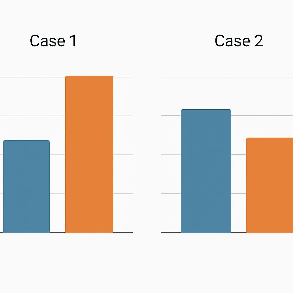 Side-by-side bar charts comparing pre-/post metrics for each case