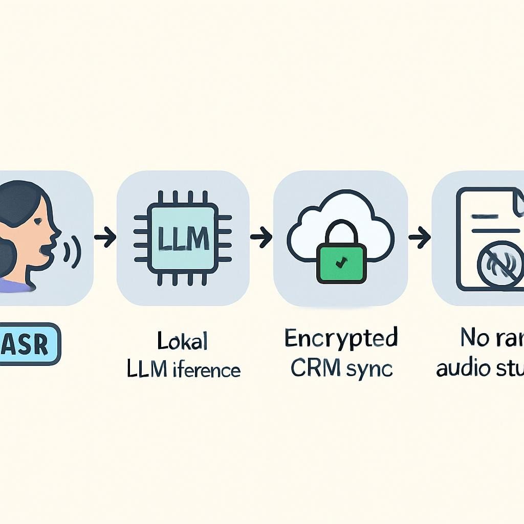 illustration here: Privacy-first voice pipeline — on-device ASR → local LLM inference → encrypted CRM sync → no raw audio stored