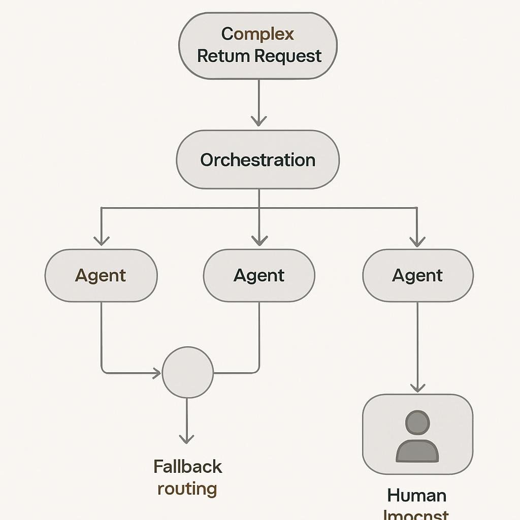 diagram: Multi-agent orchestration workflow during a complex return request — showing parallel execution paths, fallback routing, and human handoff triggers