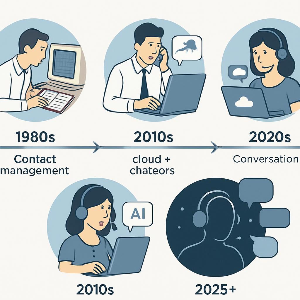 infographic: Evolution timeline of CRM systems — 1980s contact management → 1990s sales force automation → 2010s cloud + chatbots → 2020s conversational AI → 2025+ fully voice-driven, multi-agent, edge-processed AI CRMs