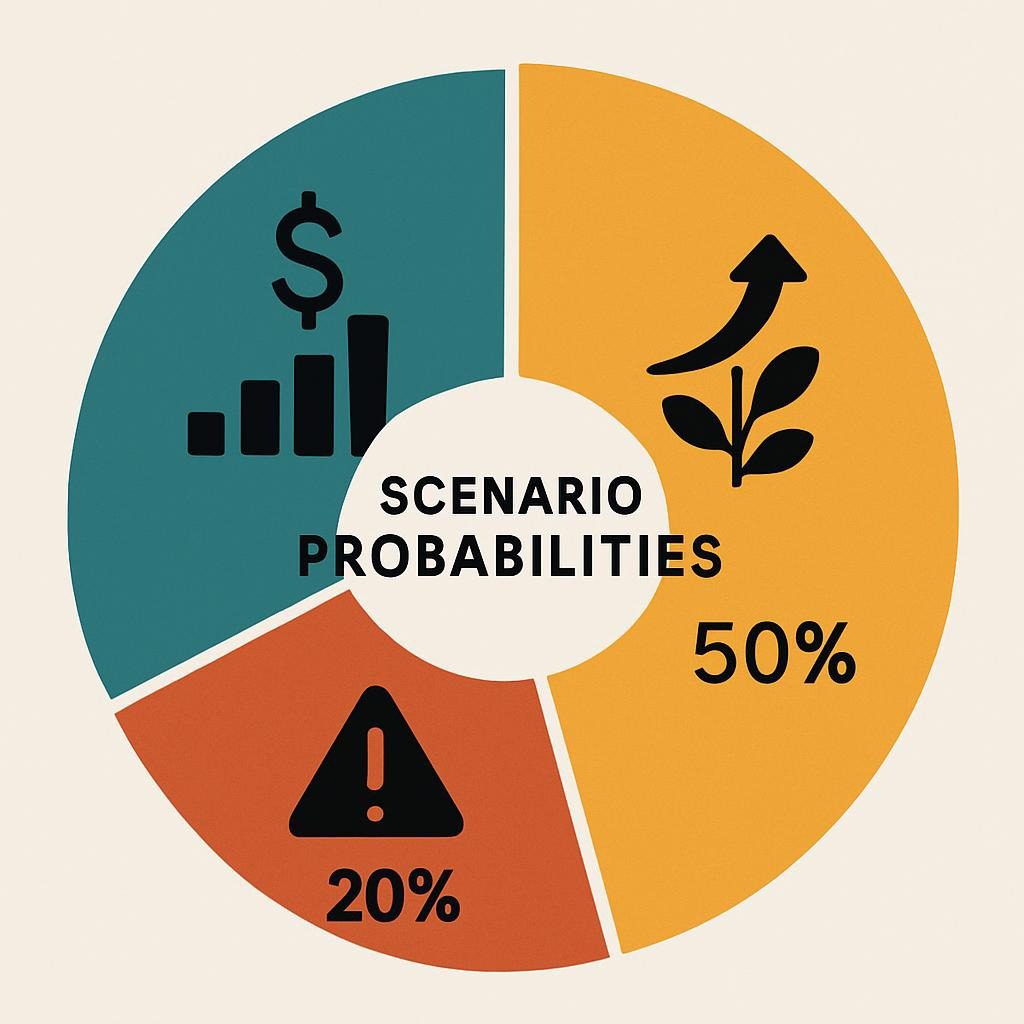 Pie chart here showing scenario probabilities: Best 30%, Likely 50%, Worst 20%, with icons for growth/risks