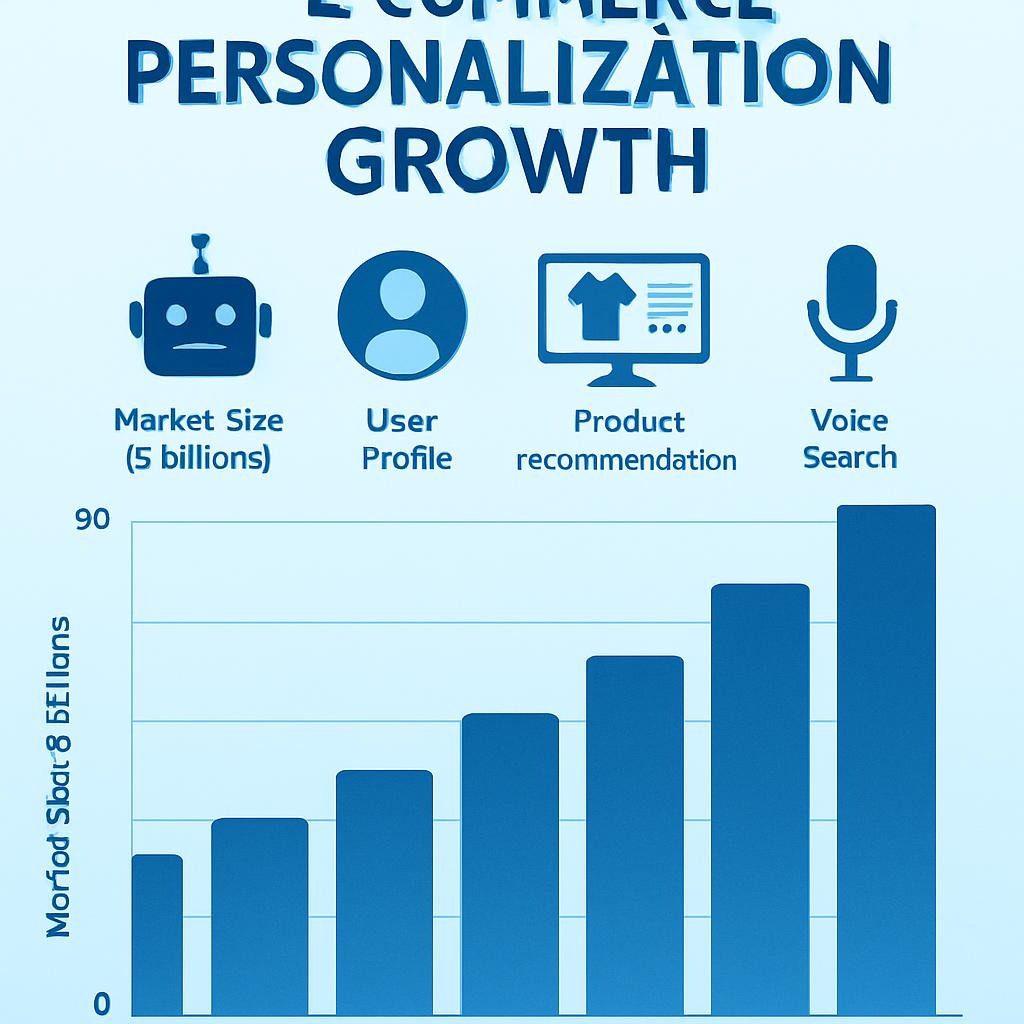infographic here showing a timeline of e-commerce personalization growth from 2020 to 2026, with bars for market size ($ billions) and icons for trends like AI chatbots and voice search. Use blue tones for trust and data points from Statista and Gartner