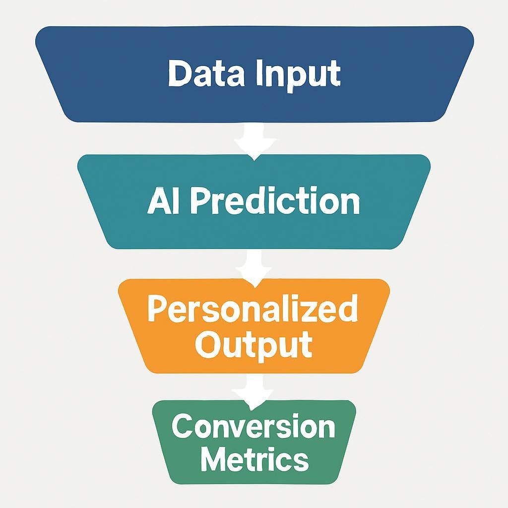 Chart describing a funnel: Data Input → AI Prediction → Personalized Output → Conversion Metrics