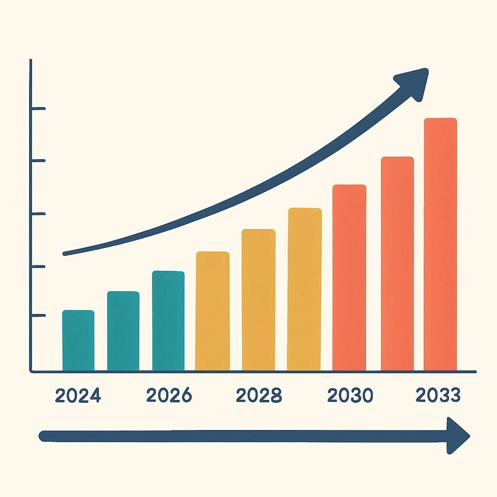 Infographic showing market growth timeline from 2024 to 2033, with bar charts for CAGR across sectors like retail, finance, and healthcare