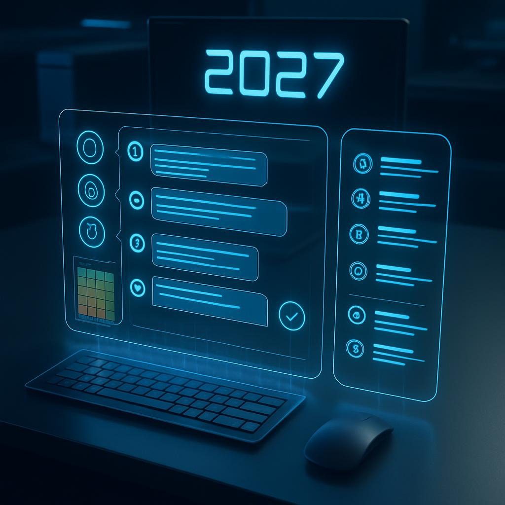 futuristic mockup here: 2027 agent desktop — floating holographic conversation timeline with real-time multi-agent activity feed, sentiment heatmap, and one-click approval for AI-proposed actions